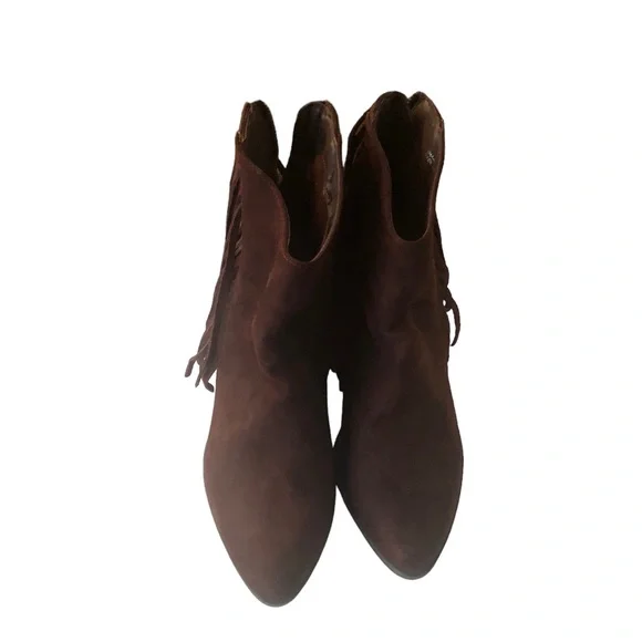 MADDEN GIRL NIB Suede Back Zip Dark Brown Chocolate Fringe Booties Ankle Boots - Picture 2 of 7
